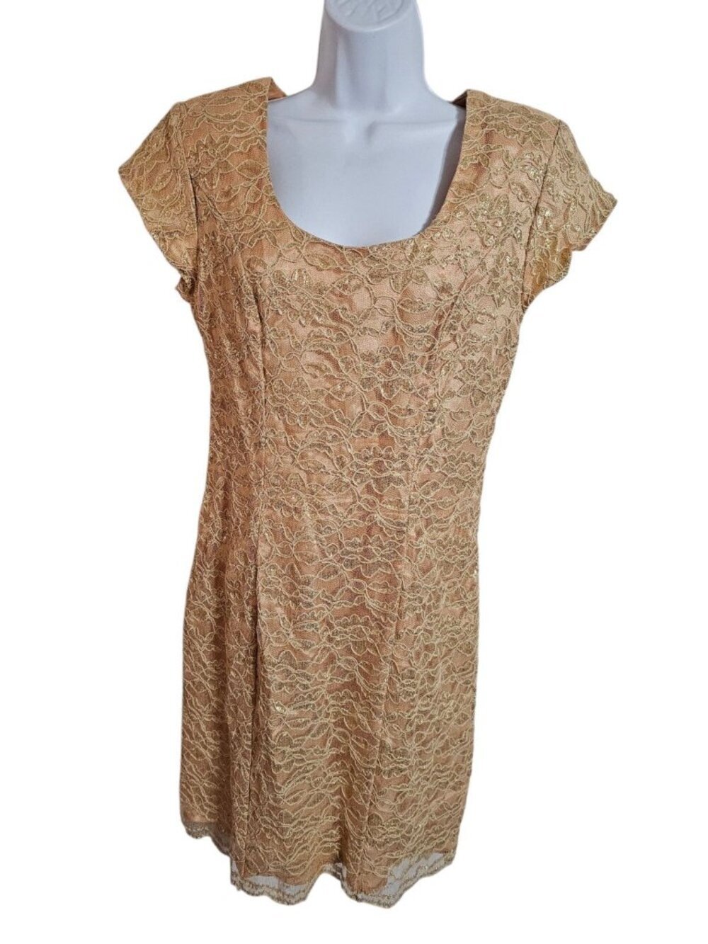 De-Laru Women 14 Dress Gold Lace Metallic Sheath Statement Rare Archival Regency - Picture 2 of 6